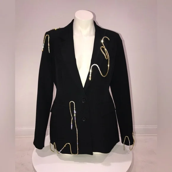 BNWT Custom OPEN EDIT Black Blazer Button Closure Crystal Trim Bling Ladies M